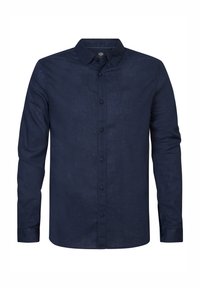 Camicia a maniche lunghe blu navy realizzata in tessuto testurizzato, con colletto a bottoni, bottoni frontali e maniche con polsini.