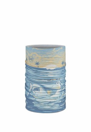 Blue and beige tubular neck gaiter with tropical palm trees and a skull design, branded with "Buff" logo on the upper section.