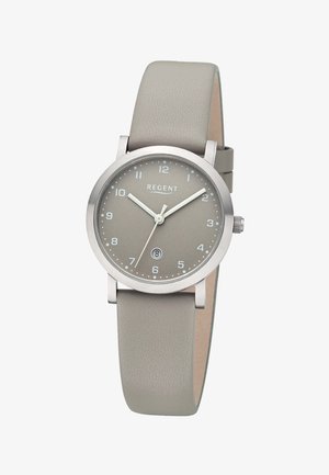 Montre-bracelet Regent avec cadran rond gris, boîtier en argent, aiguilles des heures et des minutes blanches, affichage de la date à 6 heures et bracelet en cuir gris.