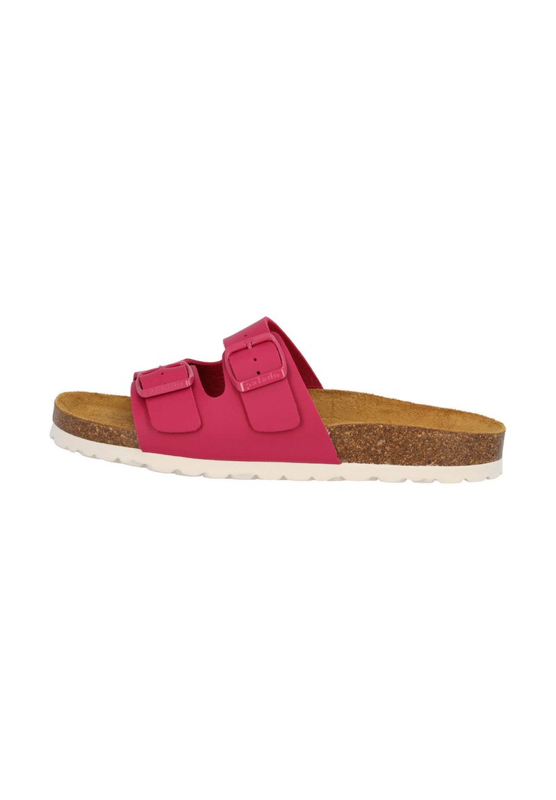 Sandal in rosa con due cinturini regolabili, soletta in sughero e suola in gomma bianca per una buona aderenza. Texture liscia con design minimalista.