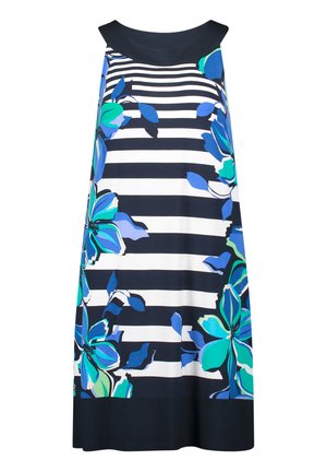 Hihaton mekko, jossa leveä musta kaula-aukko, mustavalkoiset vaakaraitaiset kuviot, suuret sinivihreät kukkakuviot ja musta helma.