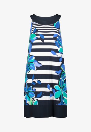 Hihaton mekko, jossa leveä musta kaula-aukko, mustavalkoiset vaakaraitaiset kuviot, suuret sinivihreät kukkakuviot ja musta helma.