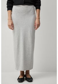 Grijze, knie-lange rok van zacht materiaal, met een aansluitende pasvorm bij de taille en een vloeiende silhoutte, gecombineerd met zwarte ballerina's.