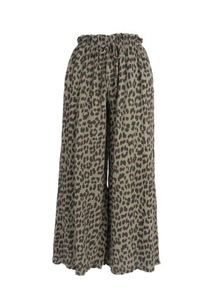 Hose mit weitem Bein, in olivgrünem und braunem Leopardenmuster, mit elastischem Bund und Kordelzug an der Taille.