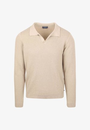 Beige gebreide pullover met een V-hals en korte kraag. Bevat een gestructureerd patroon en geribbelde boorden en zoom. Geschikt voor casual draag.