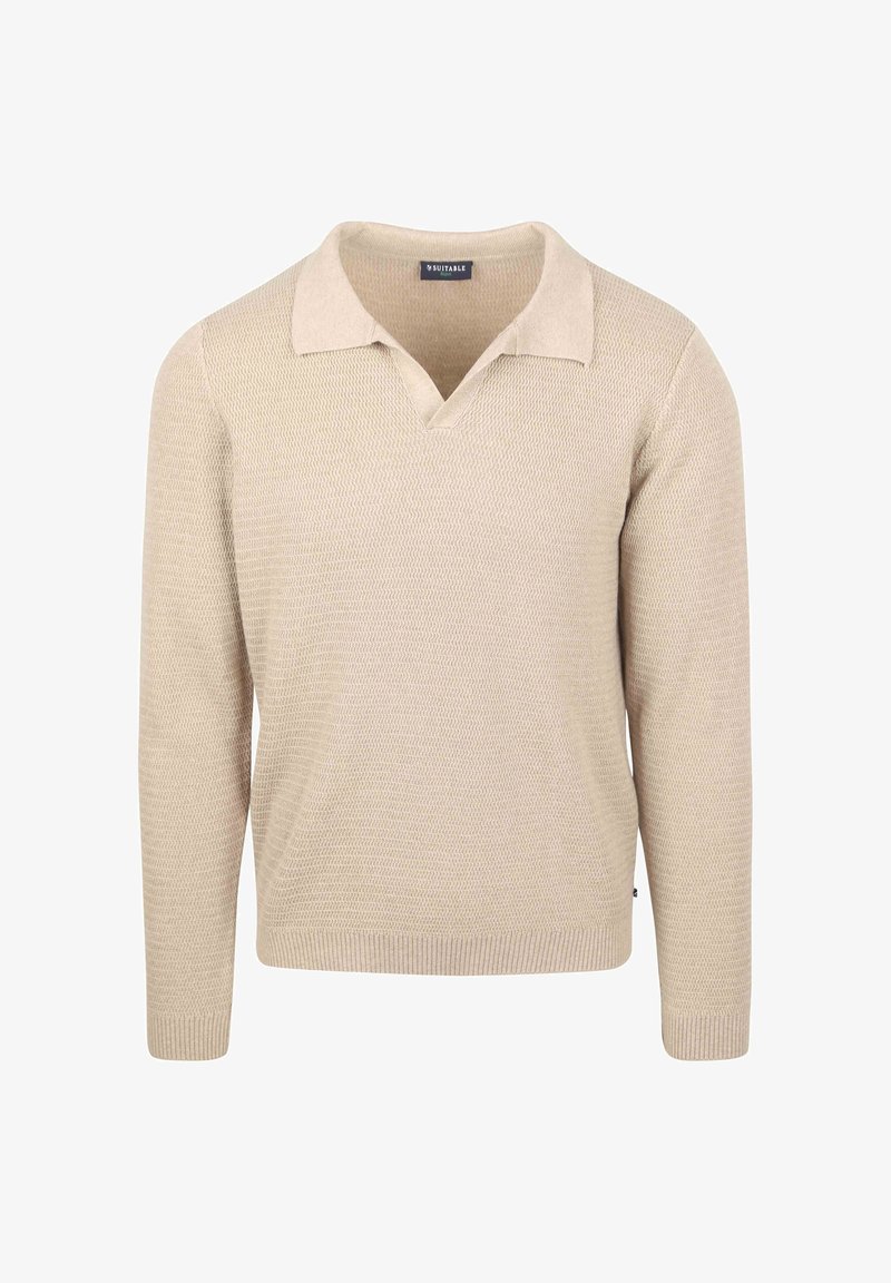 Beige gebreide pullover met een V-hals en korte kraag. Bevat een gestructureerd patroon en geribbelde boorden en zoom. Geschikt voor casual draag.