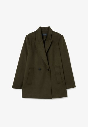 Olijfgroene woolmix jas met een dubbele knoopsluiting aan de voorkant, met puntige revers, twee voorzakken en zwarte knopen. Soepele textuur, gestructureerde silhouet.