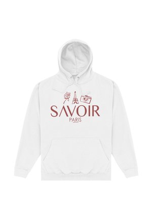 Felpa bianca con cappuccio con testo "SAVOIR PARIS" in rosso, con illustrazioni di rosa rossa, Torre Eiffel e macchina fotografica sopra il testo.