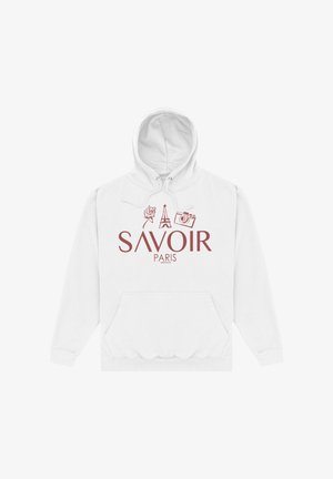 Sweat à capuche blanc avec le texte « SAVOIR PARIS » en rouge, illustré d'une rose rouge, de la tour Eiffel et d'un appareil photo au-dessus du texte.