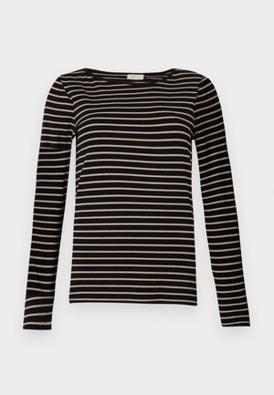 Maglietta a maniche lunghe a righe, con righe orizzontali nere e beige, un colletto rotondo e un design aderente in un tessuto morbido.