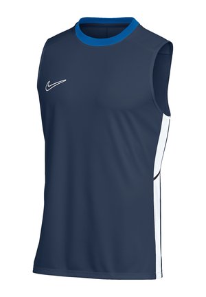 Modré atletické tílko bez rukávů s světle modrým lemováním na límci, bílými bočními panely a bílým logem Nike na hrudi.