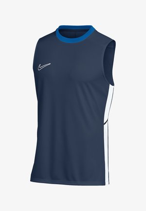 Ärmelloses, marineblaues Sportshirt mit hellblauem Kragenbesatz, weißen Seitenpaneelen und einem weißen Nike-Swoosh auf der Brust.