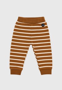 Pantalons pour tout-petits à rayures marron et blanches avec taille élastique et poignets, dotés d'un petit patch rond noir près de la taille.