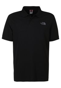 Černé polo tričko z bavlny, s límečkem, krátkými rukávy a logem North Face na levé straně hrudi. Minimalistický design.