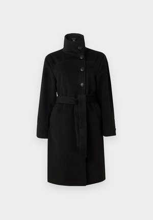 Manteau noir en mélange de laine avec un col haut, fermeture à boutons sur le devant et une ceinture assortie. Il présente une texture lisse et des poches latérales.