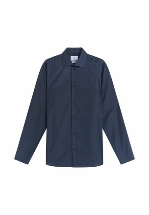 Marineblauwe langetermijn-overhemd met knopen, afgewerkt met een subtiele stippenpatroon, gemaakt van gladde stof, met een klassieke kraag en knoopsluiting.