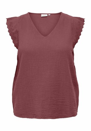 Mauve mouwloze blouse met V-hals en gegolfde kanten biezen op de schouders, gestructureerde lichtgewicht stof, losse pasvorm.