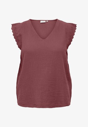Mauve sleeveless blouse with V-neckline and scalloped lace trim on shoulders, textured lightweight fabric, relaxed fit.