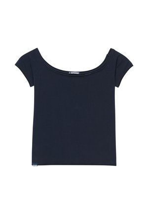 Top ajustado azul marino de manga corta con escote amplio en forma de U y etiqueta "Superdry" en el interior del cuello trasero.