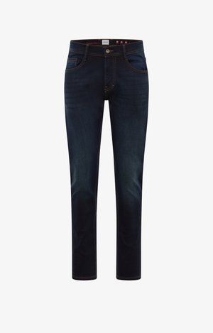 Dark blue slim-fit jeans with front pockets, button and zipper closure, and contrast stitching.