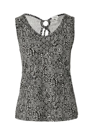 Haut sans manches noir et blanc avec un motif géométrique, décolleté en V et un détail de découpe circulaire au dos. Fabriqué en tissu léger.