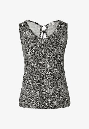 Black and white sleeveless top with a geometric pattern, V-neckline, and a circular cutout detail at the back. Made from lightweight fabric.