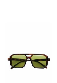 Occhiali da sole tortoiseshell marroni con montatura ottagonale e lenti verdi. Caratteristiche includono un distintivo taglio sul ponte e protezione UV etichettata.