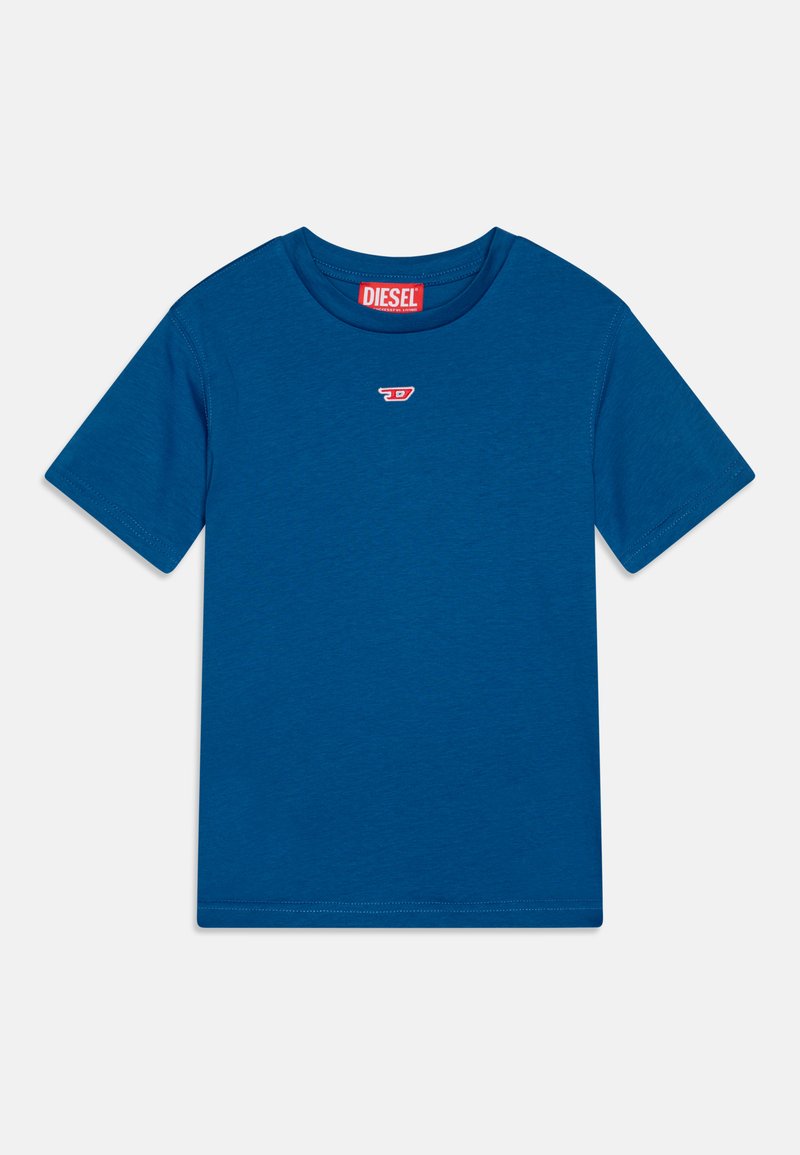 Zila īsām piedurknēm T-krekls no kokvilnas, ar apaļu dekoltē un mazu sarkanu logo krūšu rajonā. Gluda tekstūra.