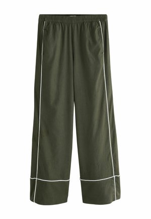 Olive green wide-leg pants with elastic waistband and white piping along sides and near hems.
