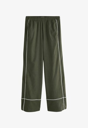Olive green wide-leg pants with elastic waistband and white piping along sides and near hems.
