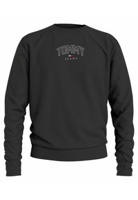 Svart sweatshirt med rund hals och långa ärmar. Har logotypen "TOMMY JEANS" i vitt och rött. Ribbad ärmslut och nederkant. Slät textur.