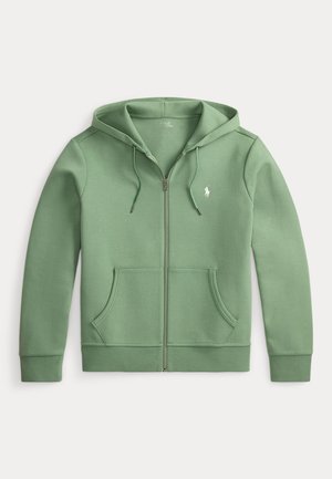 Sweat à capuche zippé vert clair avec poches avant, capuche avec cordon et petit logo Polo Ralph Lauren blanc sur la poitrine.