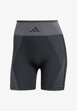 High-waisted black athletic shorts with mesh texture, featuring grey geometric patterns and a logo on the waistband, made from flexible material.