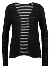 Cardigan de punto negro con textura acanalada, diseño de frente abierto y mangas largas, con un forro interior a rayas contrastantes.