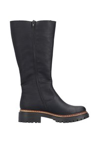 Black leather knee-high boot with side zipper, round toe, textured surface, and a rugged black sole with brown accent stitching.