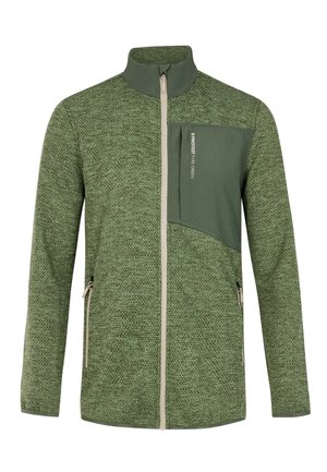 Groene fleecejas met een gestructureerd breipatroon, hoge kraag, volledige ritssluiting en een borstzak in een contrasterende tint. Bevat zijzakken.