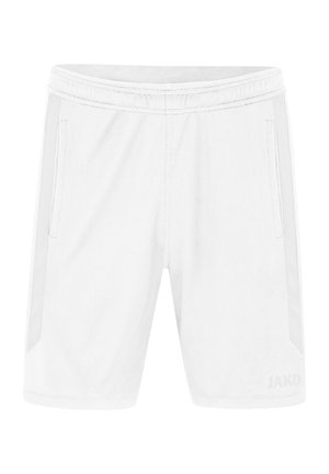 Witte sportshorts met een elastische tailleband, twee zijzakken en gaasaccenten aan de zijkanten. Heeft een merklogo aan de onderzijde van de voorkant.