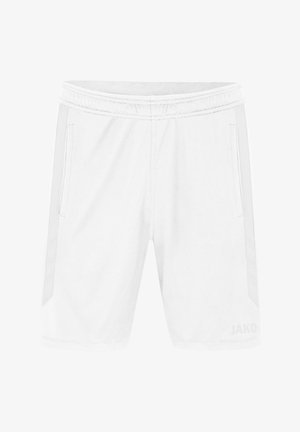 Shorts sportivi bianchi con vita elastica, due tasche laterali e inserti in rete sui lati. Presentano il logo del marchio sul davanti in basso.