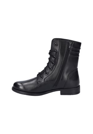 Bottine en cuir noir avec laçage sur le devant et fermeture éclair latérale, talon bas et col arrière rembourré pour un confort supplémentaire.