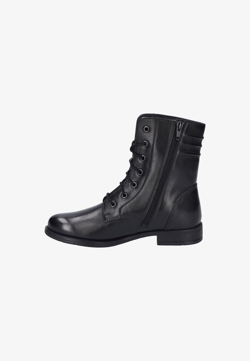 Bottine en cuir noir avec laçage sur le devant et fermeture éclair latérale, talon bas et col arrière rembourré pour un confort supplémentaire.