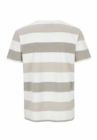 Harmaa ja valkoinen raidoitettu lyhythihainen t-paita, joka on valmistettu puuvillasta, ja siinä on pyöreä kaula-aukko sekä suora helma. Takakatsaus näyttää vaakasuoria raitoja.