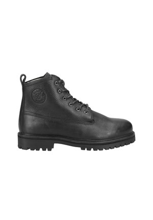 Black leather ankle boots with a textured finish, featuring six eyelets, a padded collar, and a rugged rubber sole. Logo embossed on the side.