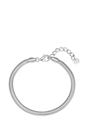 Bracciale tondo in argento realizzato con spirali intrecciate, dotato di chiusura a ganci e catena regolabile. Presenta un piccolo ciondolo con un logo.