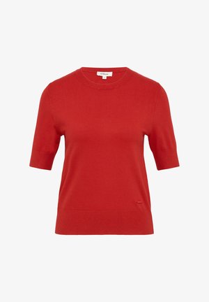 Maglione corto rosso a maniche corte realizzato in tessuto a maglia. Presenta un collo rotondo e un piccolo logo decorativo sull'orlo. Texture liscia e colore uniforme.