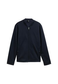 Marineblauwe ritssluiting jacket met lange mouwen, ronde kraag en twee voorzakken met drukknoopjes, weergegeven op een witte achtergrond.