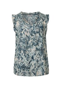 Blusa senza maniche in stampa serpente blu chiaro e blu navy. Tessuto morbido con spalline arricciate e scollatura a V. Presenta dei lacci al colletto.