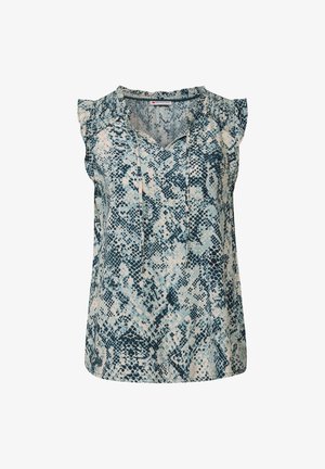 Mouwloze blouse in lichtblauw en marineblauw slangenprint. Zacht materiaal met gerimpelde schouderaccenten en een v-hals. Voorzien van trekkoorden bij de kraag.