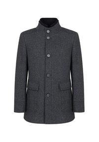Szary płaszcz z wełny z wysokim kołnierzem, sześcioma guzikami z przodu, dwoma bocznymi kieszeniami i fakturowanym materiałem. Klasyczny design, dopasowany krój.