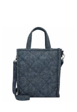 Gepolsterte dunkelgraue Stofftasche mit zwei Griffen und einem abnehmbaren Schulterriemen. Verfügt über ein strukturiertes Design und eine strukturierte Oberfläche.