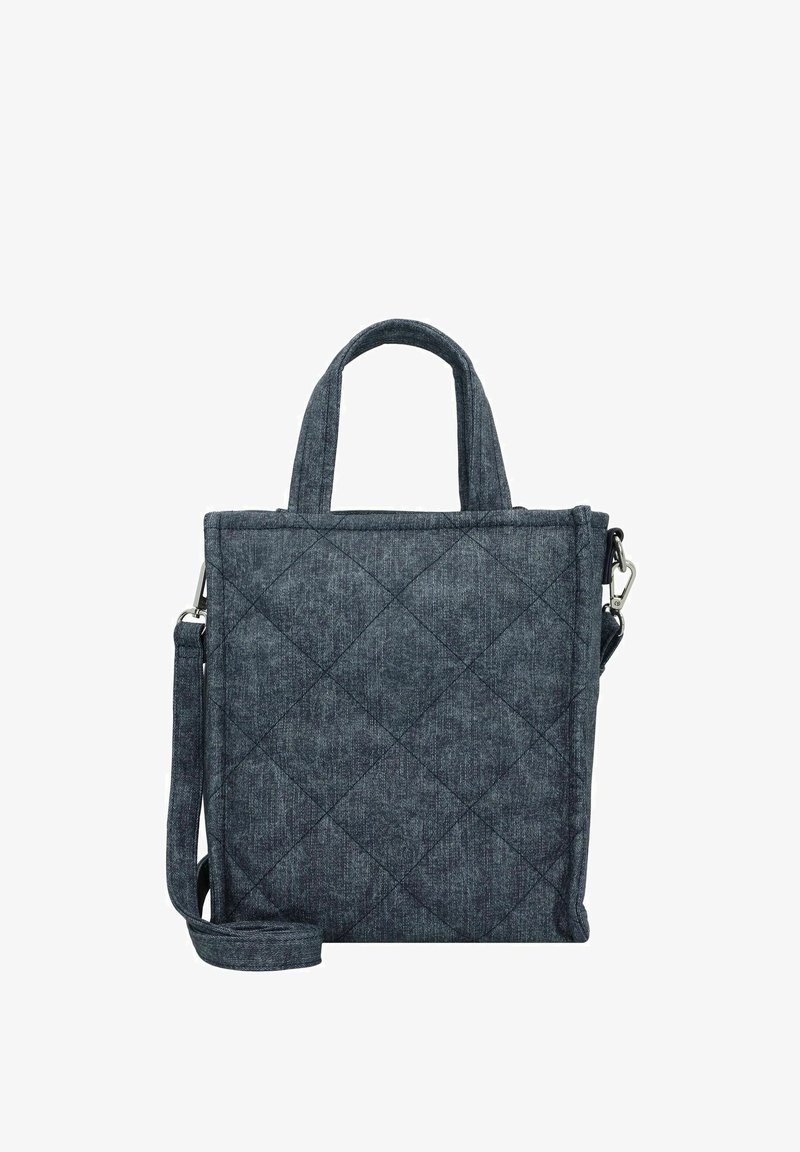 Gequilte, donkergrijze stoffen schoudertas met dubbele handvatten en een verwijderbare schouderriem. Heeft een gestructureerd ontwerp en een gestructureerde oppervlakte.